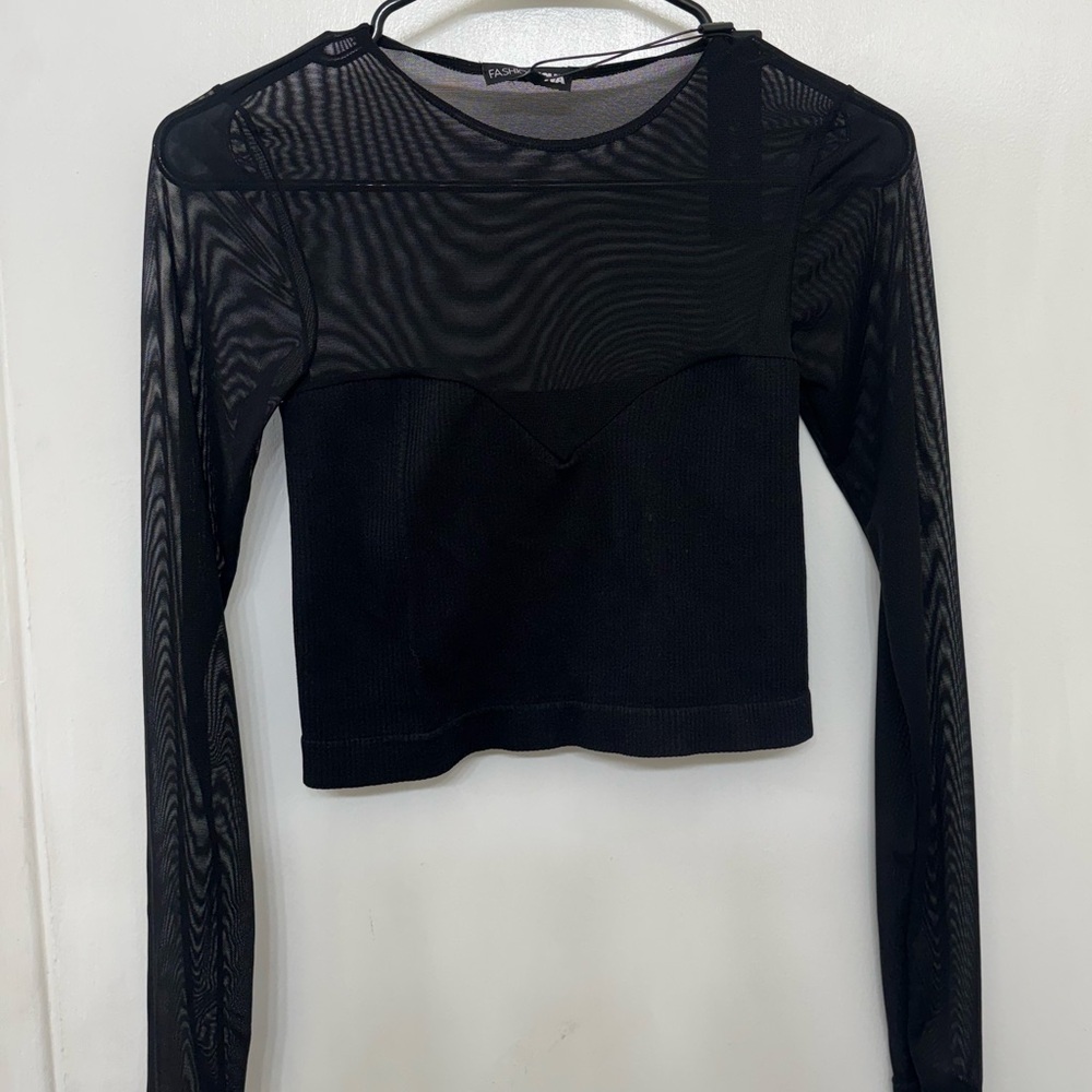 Fashion Nova Sheer Black Long Sleeve Crop Top